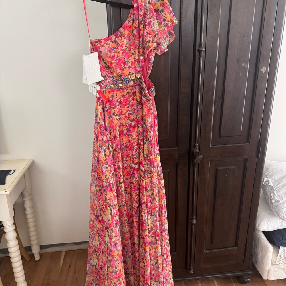 Mac Duggal Red Ruffled Tie Front One Shoulder Dress